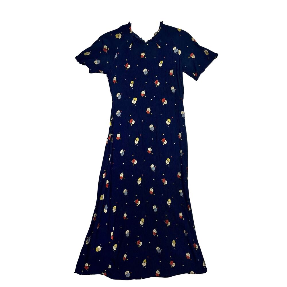 Vintage 1930s Navy Crinkle Silk Art Deco Floral Print Day Dress Wounded Bird